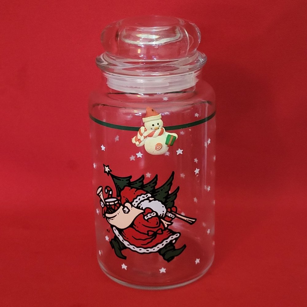 VTG  Santa Clause Large Apothecary Jar Canister Seal Lid Clear Glass